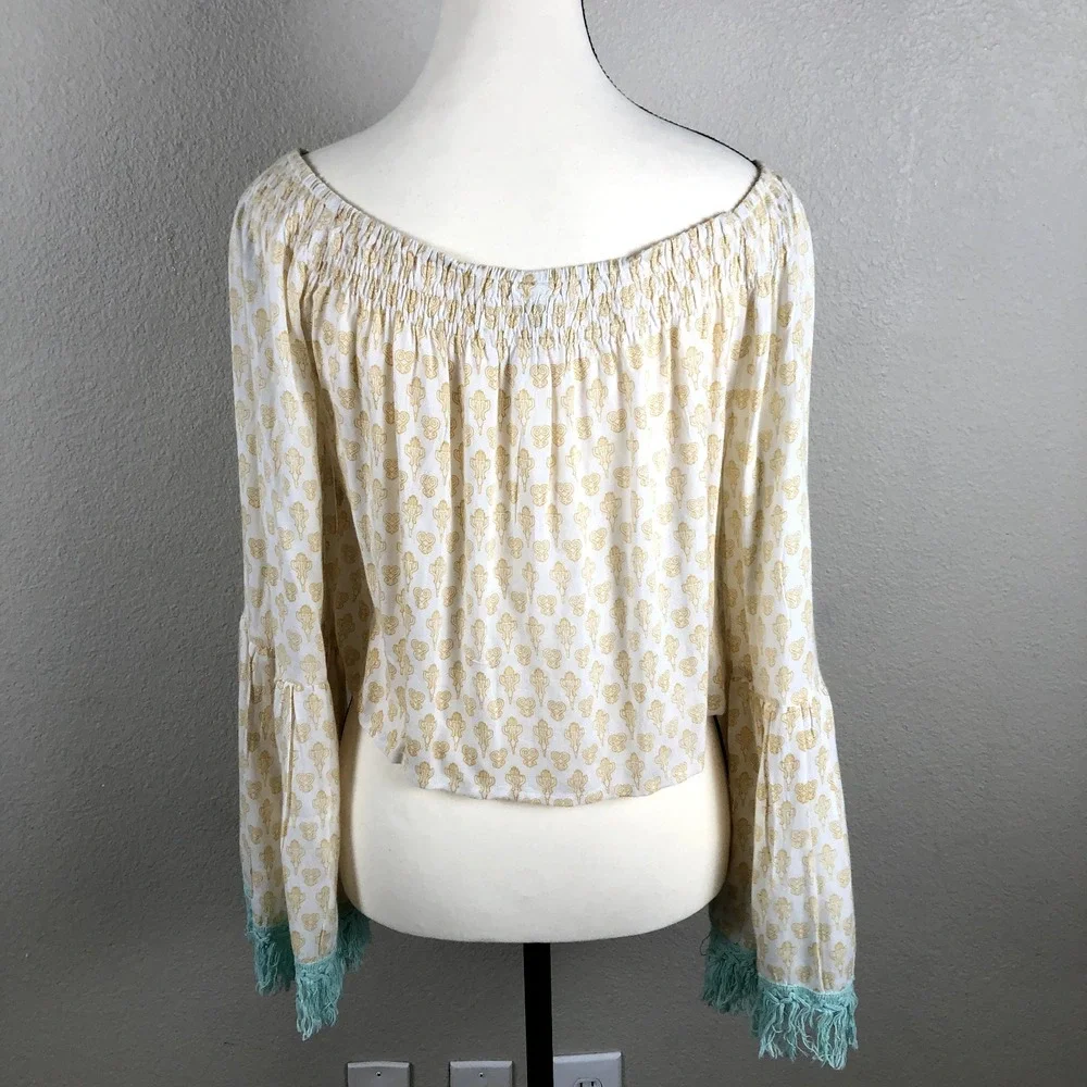Anthropologie Raga Shirt Womens X Small Yellow Geo Cropped Fringe Bohemian‎ Boho